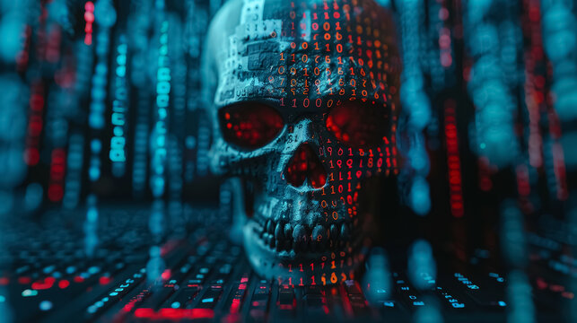 A digital skull with binary code background, cyber ​​danger, cyber security