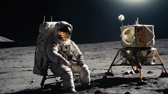 Astronaut sitting by lunar lander with flower on the moon, juxtaposition of nature and space exploration