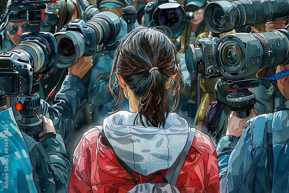 Wall mural journalist at a press conference, surrounded by microphones and cameras,