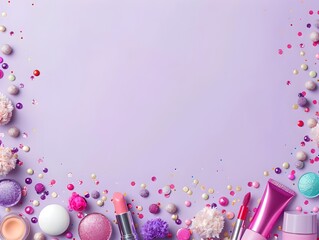 Cosmetic Products Arranged with Carnival Inspired Lavender Background