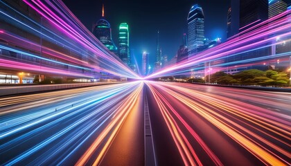 Vibrant city lights and speeding traffic create dynamic light trails against a night sky. The colorful streaks and illuminated skyscrapers evoke energy and modernity.