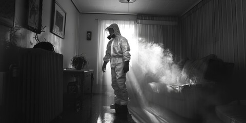Fototapeta premium A person wearing personal protective equipment (PPE) in a controlled environment, suitable for use in medical, scientific or industrial settings