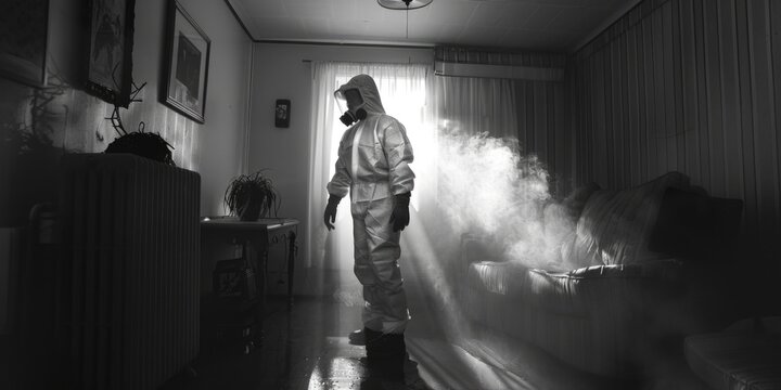 A person wearing personal protective equipment (PPE) in a controlled environment, suitable for use in medical, scientific or industrial settings