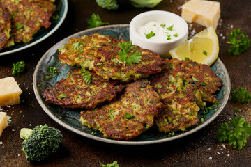 Fried Broccoli fritters or pancakes with parmesan and mozzarella cheese