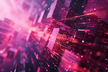 Fototapeta premium Abstract digital landscape with vibrant neon lights and futuristic cityscape elements, showcasing technology and innovation.