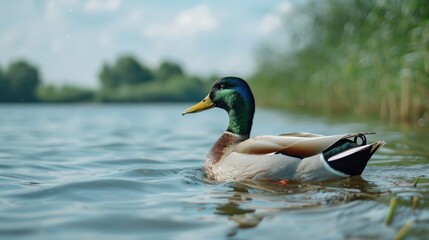 A single duck floating peacefully on the surface of a still body of water