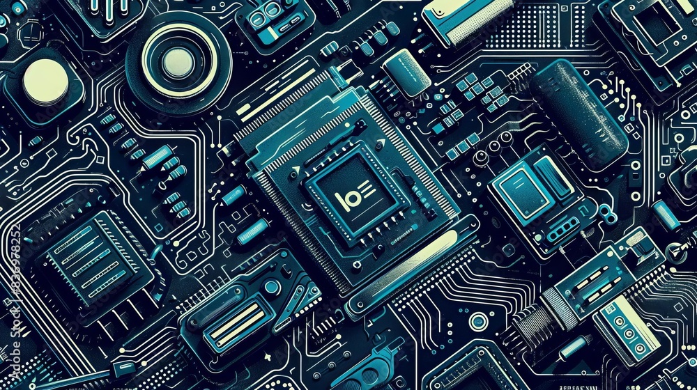 Poster close-up of a futuristic electronic circuit board showcasing intricate components and technology det