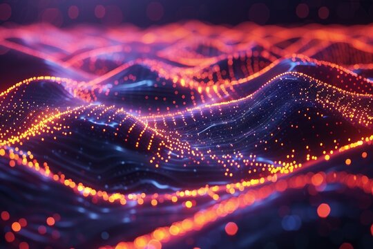 Vibrant abstract digital waveform background with dynamic glowing particles and waves in motion for technology themes.
