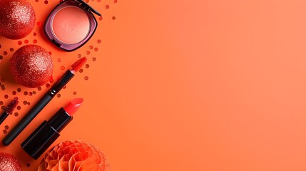 Festive Cosmetic Arrangement on Vibrant Orange Background