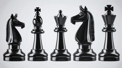 A collection of black chess pieces arranged side by side, perfect for use in illustrations, designs or presentations