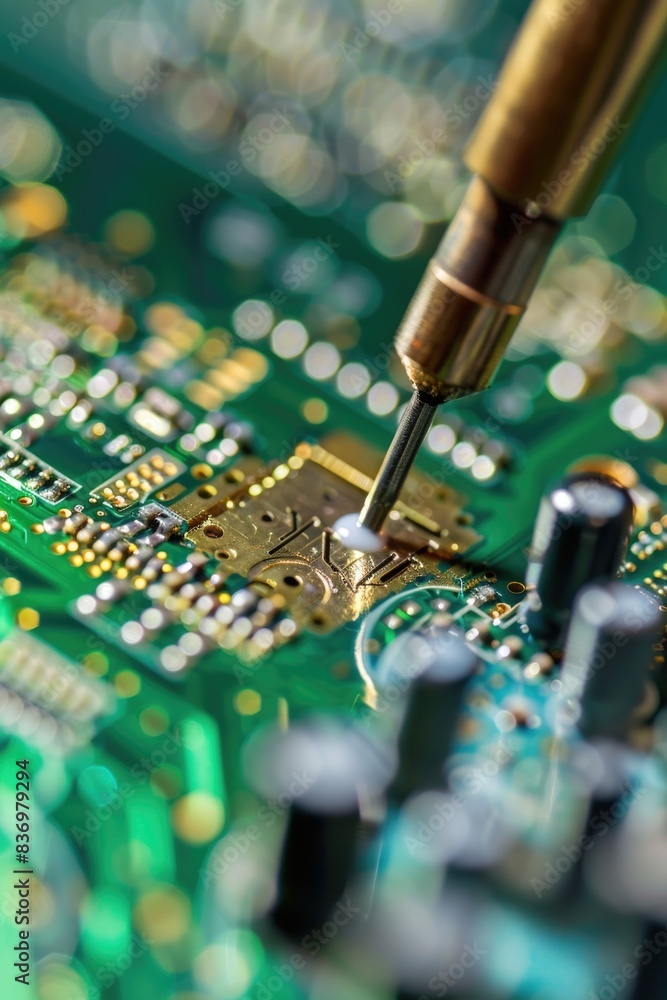 Poster a close-up view of a soldering tool placed on top of a circuit board