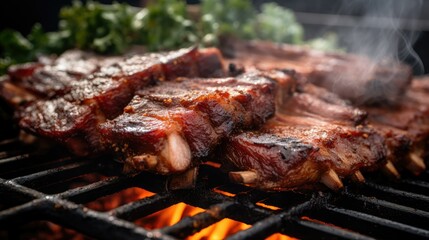 close-up of juicy bbq ribs in a smoker