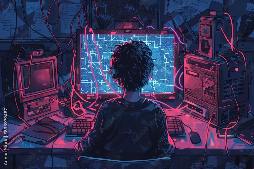 Aufkleber person immersed in blue and pink lit computer setup, reflecting modern technology and programming en