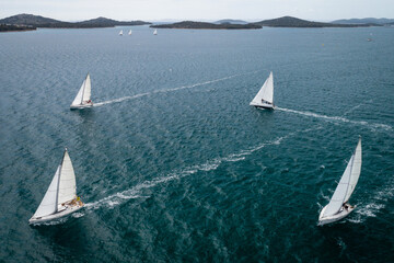 Aerial view of sailing yachts competition, Adriatic sea, Croatia