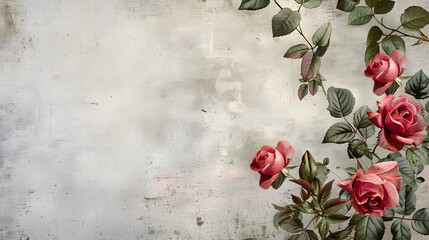 enchanting floral arrangement of romantic roses and leaves on aged textured background isolated on white background, vintage, png