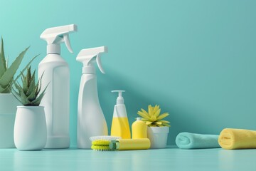 Various cleaning products arranged on a table, including bottles, sprays, and tools
