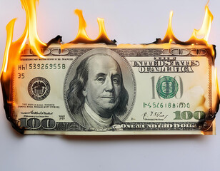 A hundred dollar bill in American US currency is on fire
