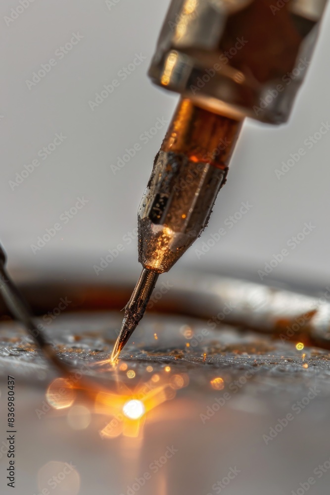 Poster a close-up shot of a metal object being soldered with a bright light source and a gloved hand in the