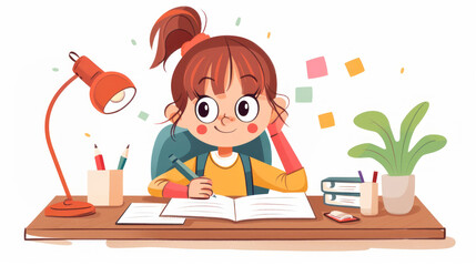 schoolgirl doing her homework at her desk