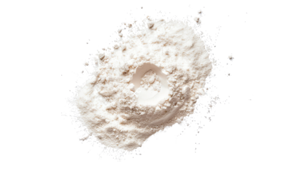 A pile of white powder isolated on a white background. The powder is scattered in a random pattern and has a textured surface.