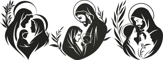 Obraz premium Baby Jesus with Mother Mary and Joseph. Vector Set. Logo, Icon, Symbol, Black And White Vector Illustration