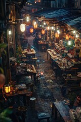 A bustling outdoor market scene with tables and lamps
