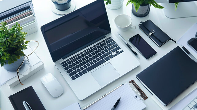 A modern workspace with a computer, desk lamp, and various stationery items neatly organized 