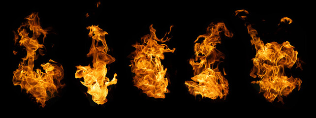 The set of fire and burning flame isolated on dark background for graphic design
