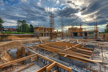Fototapeta premium A construction site with buildings and equipment under a cloudy sky