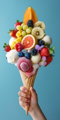 A cone full of fruits on baby blue background. Summer freshness. Fresh, cold, healthy. Studio minimalistic concept.