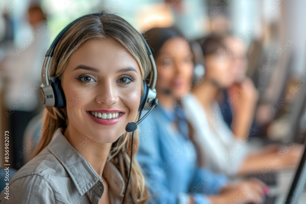 Poster a person using a headset and sitting in front of a computer, suitable for use as an illustration for
