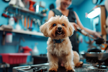 A small dog sits on a grooming table while a professional groomer works in the background