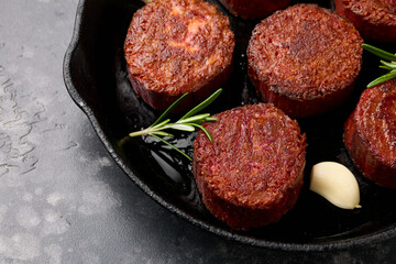 Pan grilled, plant based vegan meat steak with herbs. Alternatives meat. Eco friendly healthy food,