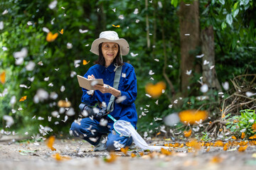 Asian biologist is collecting data in forest field study of mud puddling phenomenon butterflies...