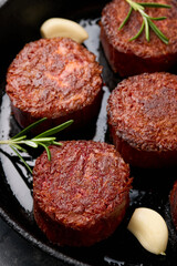 Pan grilled, plant based vegan meat steak with herbs. Alternatives meat. Eco friendly healthy food,