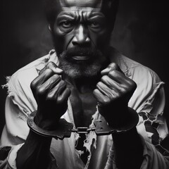 A dramatic black-and-white portrait of a man in tattered clothes with hands in handcuffs, conveying a powerful sense of struggle and resilience. The image evokes themes of oppression and strength.