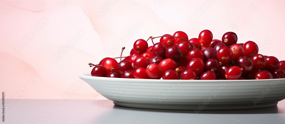 Poster cranberry fruits, ripe and delicious, arranged on a ceramic plate with empty space for text or desig