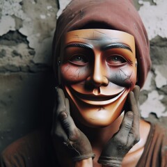 Fototapeta premium A person holds a large smiling mask in front of their face, standing against a cracked and worn wall. The image highlights themes of hidden emotions, disguise, and contrast between appearance and