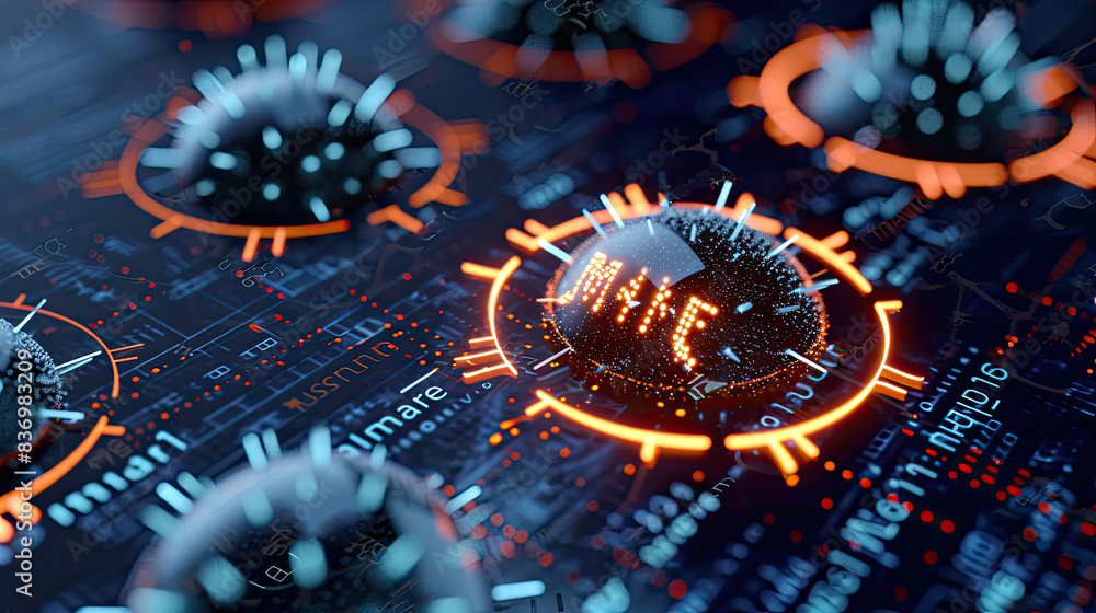 Poster detecting of a malware. virus, system hack, cyber attack, 