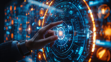 User engaging with a smart assistant in a futuristic digital interface