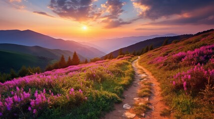 Beautiful summer natural landscape with blooming field of roses in the grass in the mountains. sunset