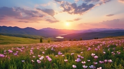 Fototapeta premium Beautiful summer natural landscape with blooming field of roses in the grass in the mountains. sunset