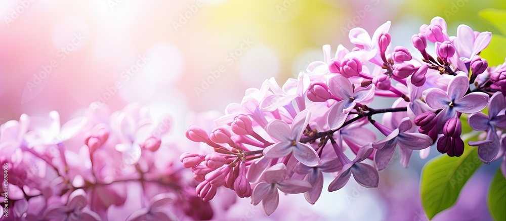 Poster close-up view of lilac flowers in bloom during spring, with a vibrant copy space image provided.