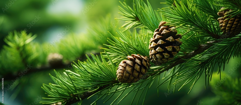 Poster A close-up shot of a branch from a green spruce tree featuring needles and numerous cones, with a focus on the density of cones; copy space image.