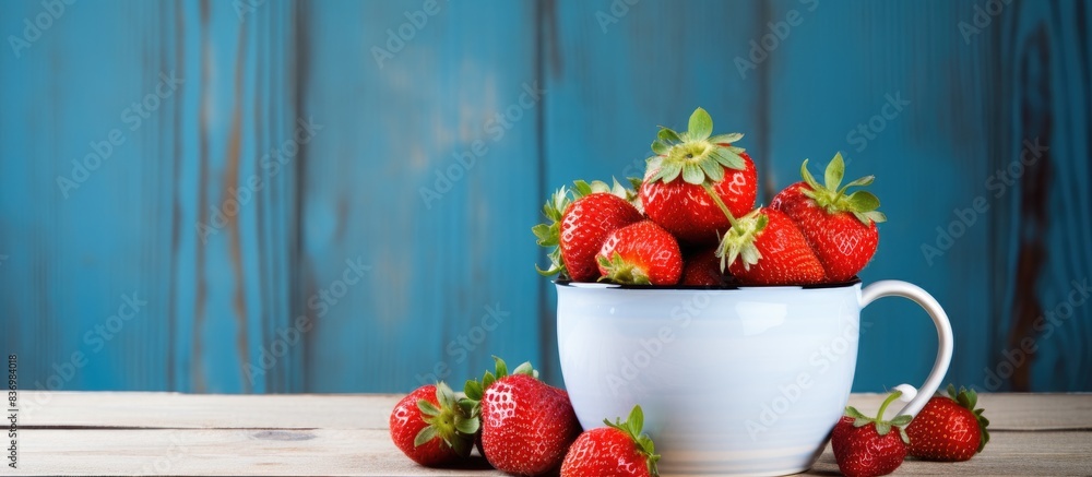Poster selective focus on a rustic wooden background showcasing a blue enamel mug filled with fresh ripe re