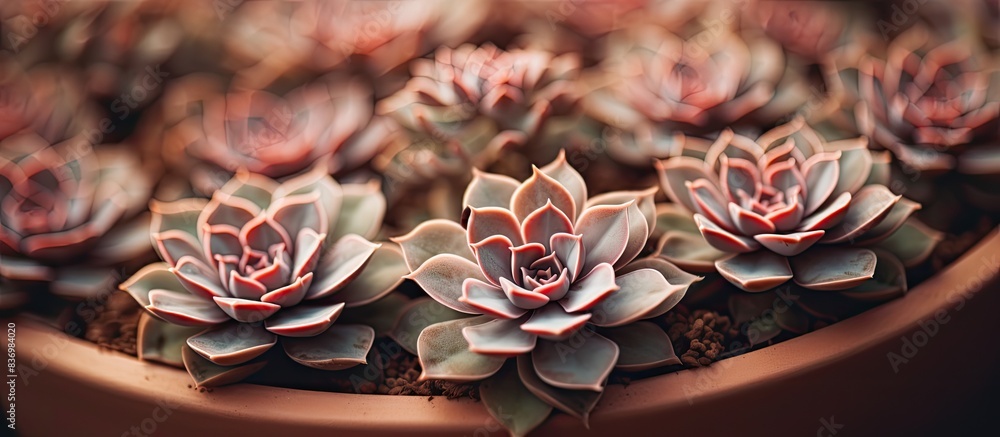 Poster selective focus on small succulent rosettes in a clay pot, with tinted copy space image.