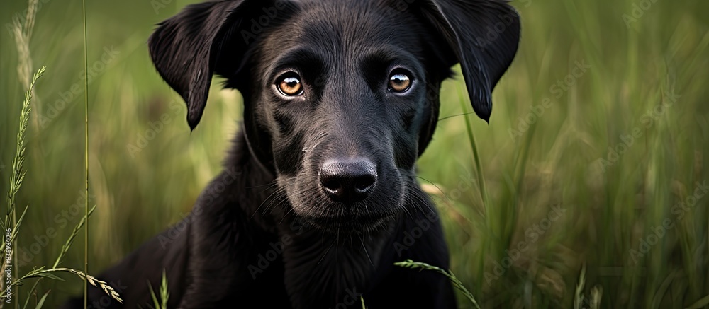 Poster Close-up of a black abandoned dog in a grassy location with a blank area for text or graphics in the background for a copy space image.