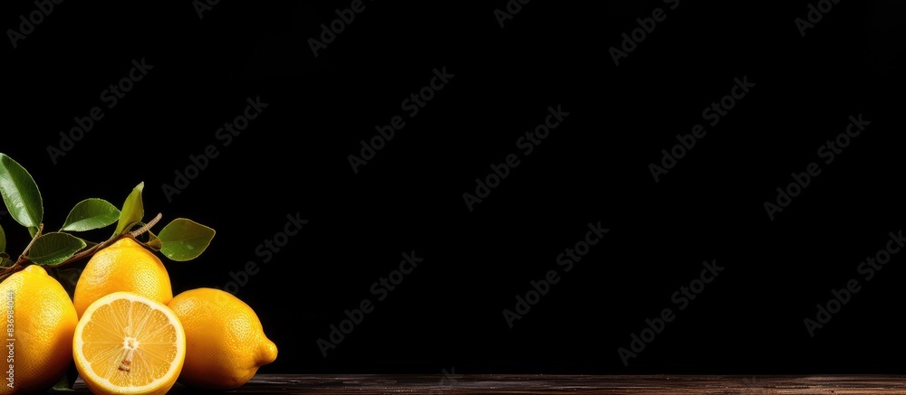 Poster fresh lemon fruit placed on a wooden table with a black background, providing ample copy space image