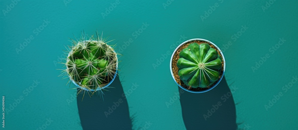 Aufkleber top-down perspective of two cacti on a green backdrop with ample copy space image available.