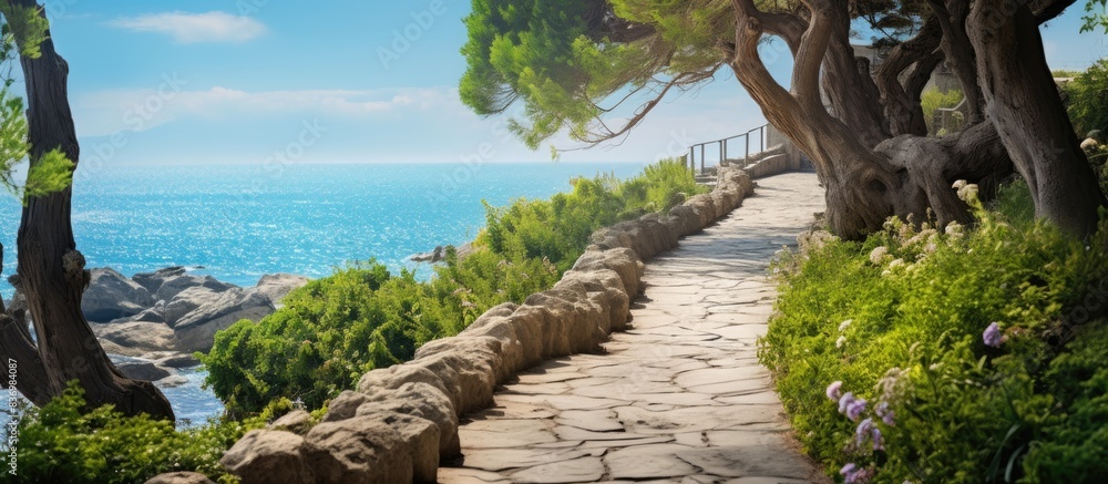 Aufkleber Scenic ocean-side pathway adorned with large stones and lush greenery, offering a serene setting for a stroll with a copy space image.